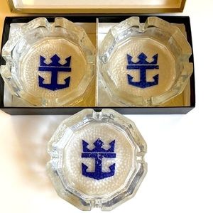 3 Vintage Royal Caribbean Cruise Line Nautical Logo Glass Ashtrays Bartell